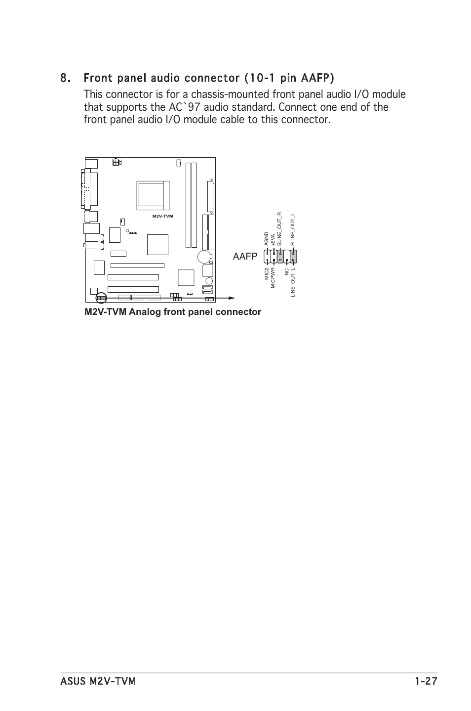 Asus m2v-tvm 1-27, M2v-tvm analog front panel connector, Aafp | Asus M2V-TVM User Manual | Page 37 / 82