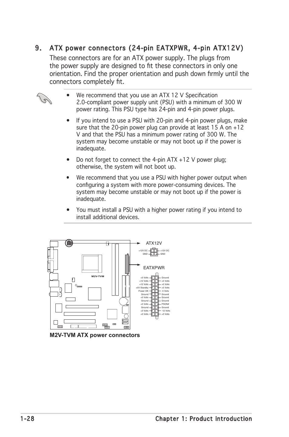 28 chapter 1: product introduction, M2v-tvm atx power connectors | Asus M2V-TVM User Manual | Page 38 / 82