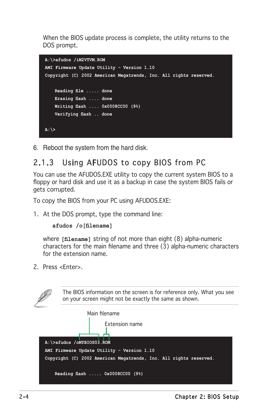 3 using afudos to copy bios from pc, Reboot the system from the hard disk | Asus M2V-TVM User Manual | Page 44 / 82