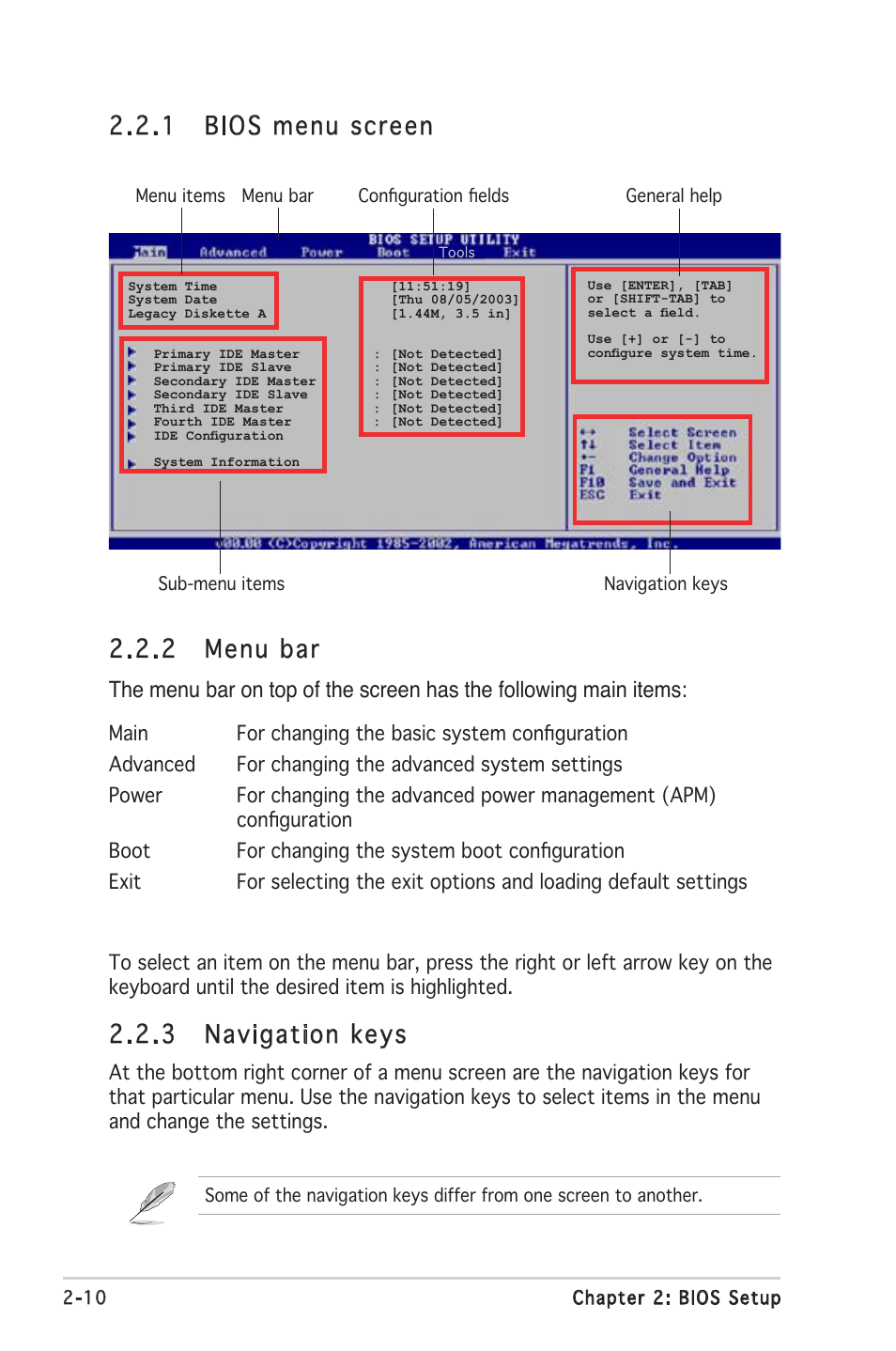 2 menu bar, 1 bios menu screen, 3 navigation keys | Asus M2V-TVM User Manual | Page 50 / 82