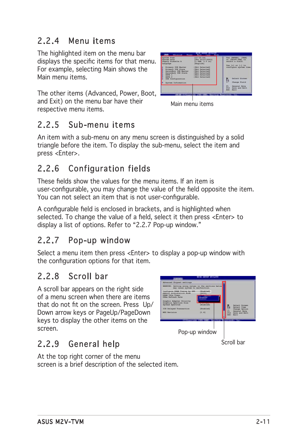 4 menu items, 5 sub-menu items, 6 configuration fields | 7 pop-up window, 8 scroll bar, 9 general help, Asus m2v-tvm 2-11, Main menu items scroll bar, Pop-up window | Asus M2V-TVM User Manual | Page 51 / 82