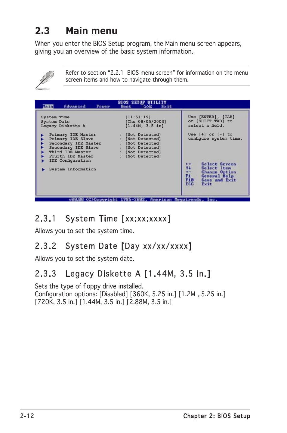 3 main menu, Allows you to set the system time, Allows you to set the system date | Asus M2V-TVM User Manual | Page 52 / 82