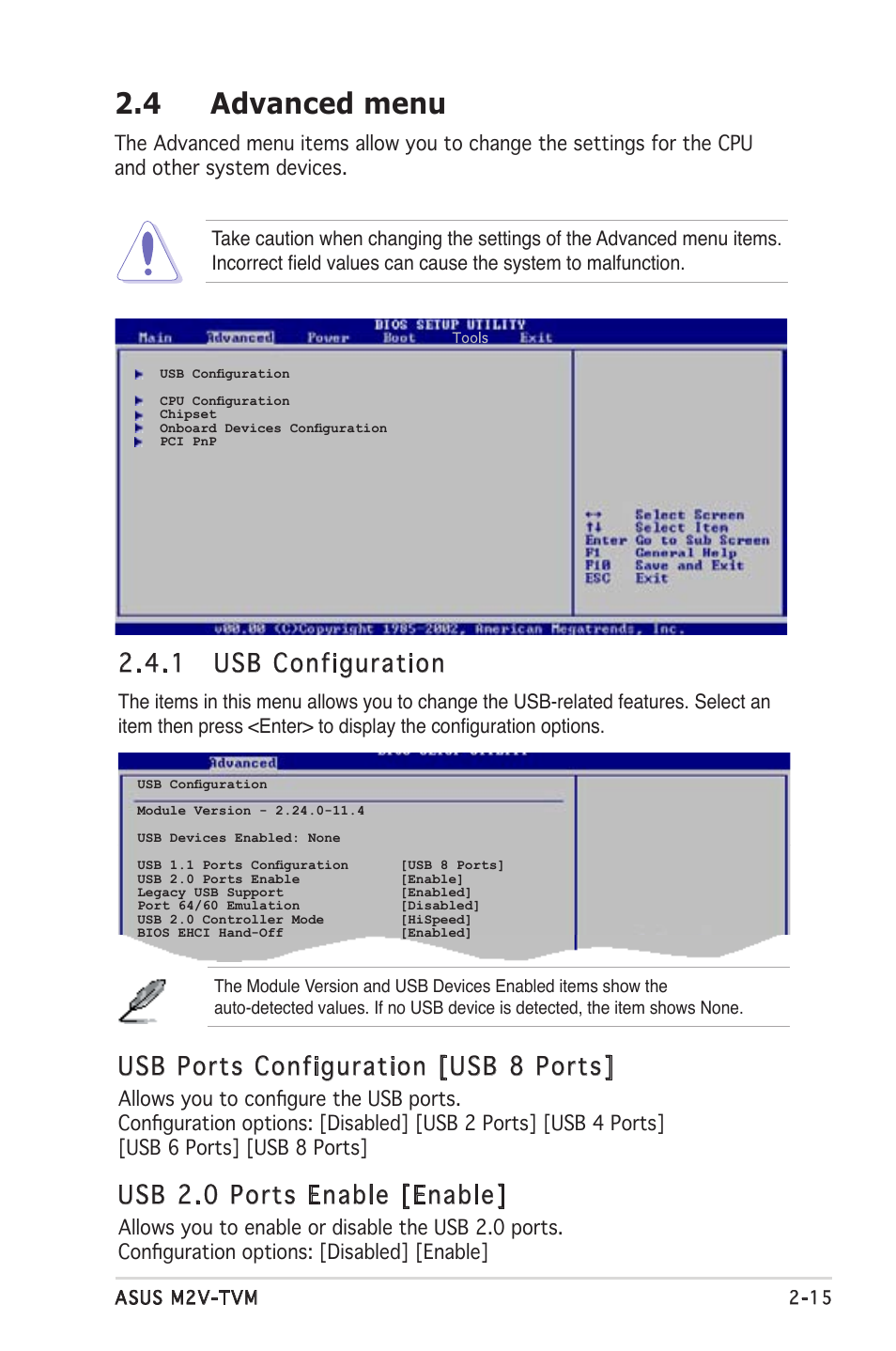 4 advanced menu, Usb ports configuration [usb 8 ports, Usb 2.0 ports enable [enable | 1 usb configuration | Asus M2V-TVM User Manual | Page 55 / 82