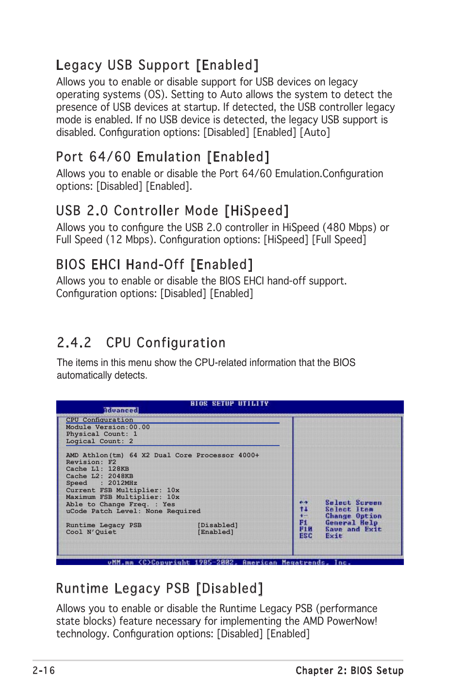 Legacy usb support [enabled, Port 64/60 emulation [enabled, Usb 2.0 controller mode [hispeed | Bios ehci hand-off [enabled, 2 cpu configuration, Runtime legacy psb [disabled | Asus M2V-TVM User Manual | Page 56 / 82