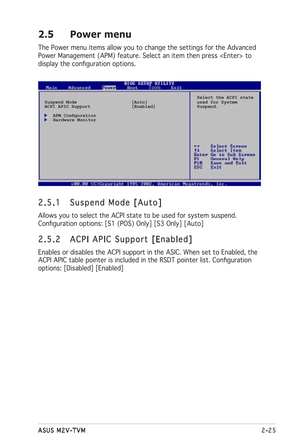 5 power menu, 1 suspend mode [auto, 2 acpi apic support [enabled | Asus M2V-TVM User Manual | Page 65 / 82