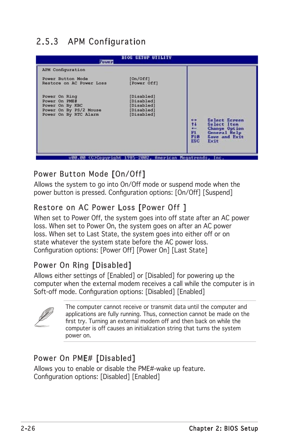 3 apm configuration, Power button mode [on/off, Restore on ac power loss [power off | Power on ring [disabled, Power on pme# [disabled | Asus M2V-TVM User Manual | Page 66 / 82