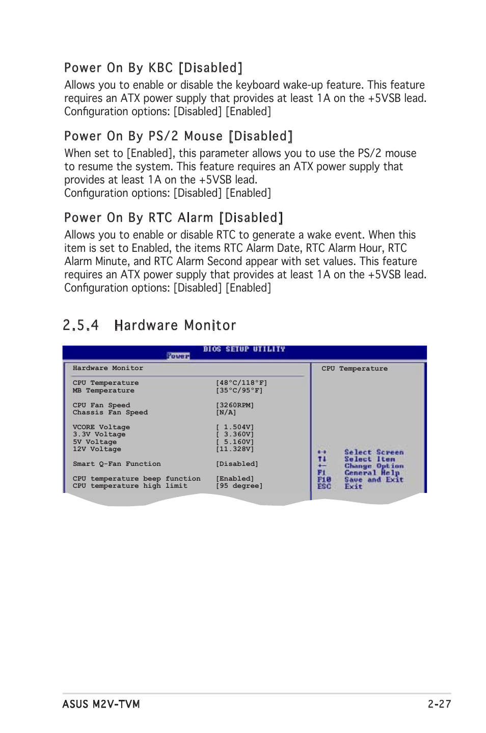 4 hardware monitor, Power on by kbc [disabled, Power on by ps/2 mouse [disabled | Power on by rtc alarm [disabled | Asus M2V-TVM User Manual | Page 67 / 82