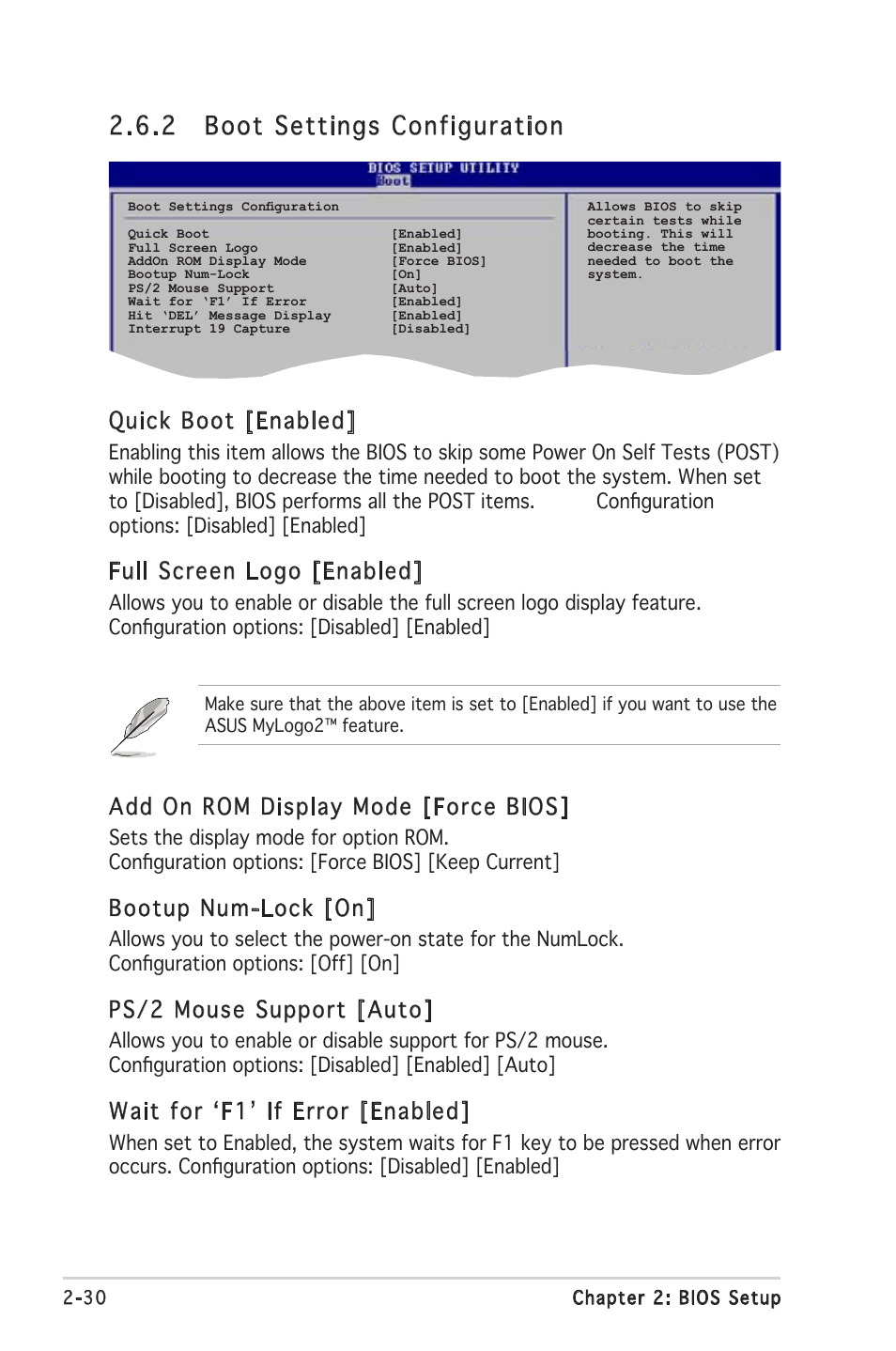 2 boot settings configuration, Quick boot [enabled, Full screen logo [enabled | Add on rom display mode [force bios, Bootup num-lock [on, Ps/2 mouse support [auto, Wait for ‘f1’ if error [enabled | Asus M2V-TVM User Manual | Page 70 / 82