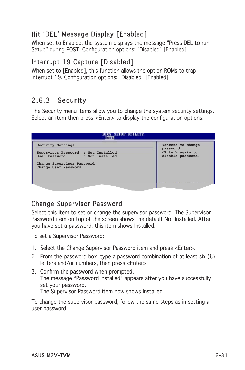 3 security, Hit ‘del’ message display [enabled, Interrupt 19 capture [disabled | Change supervisor password | Asus M2V-TVM User Manual | Page 71 / 82