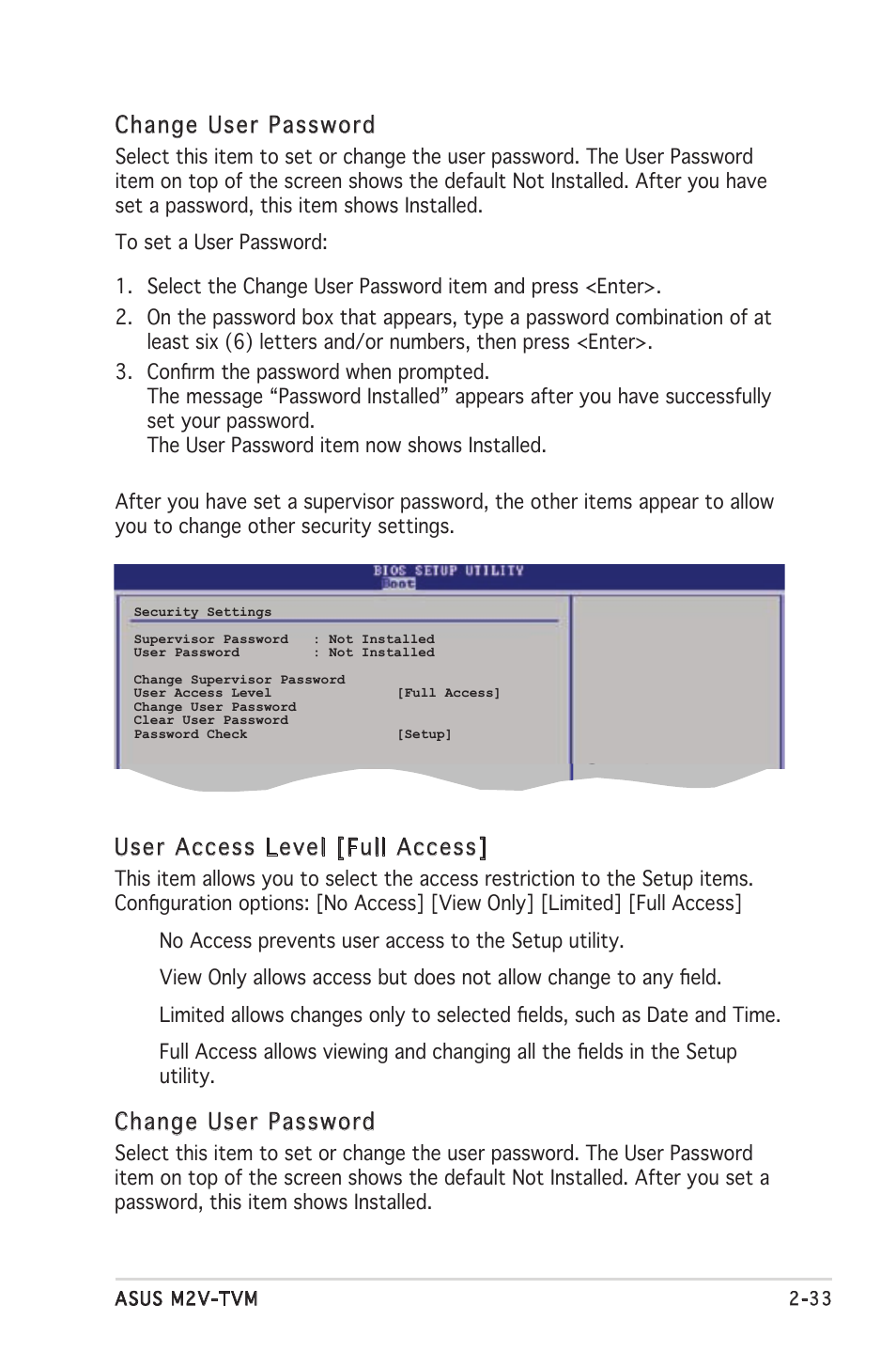 Change user password, User access level [full access | Asus M2V-TVM User Manual | Page 73 / 82