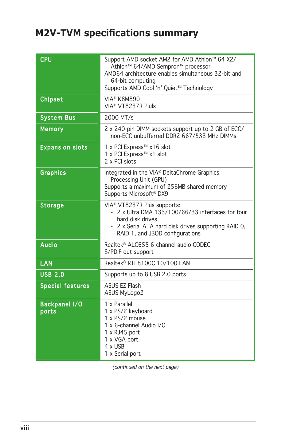 M2v-tvm specifications summary | Asus M2V-TVM User Manual | Page 8 / 82