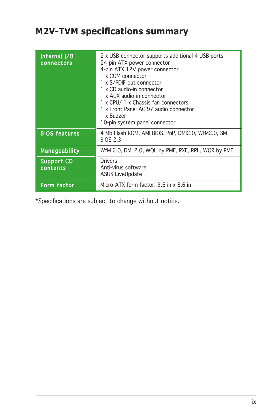 M2v-tvm specifications summary | Asus M2V-TVM User Manual | Page 9 / 82