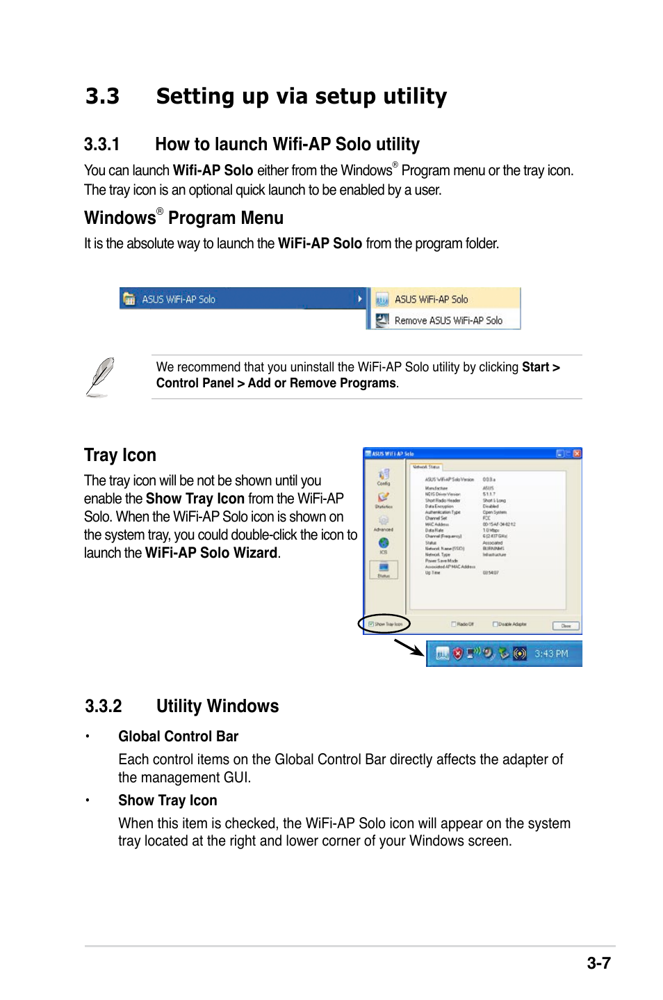 3 setting up via setup utility, 1 how to launch wifi-ap solo utility, Windows | Program menu, Tray icon, 2 utility windows | Asus II E2949 User Manual | Page 25 / 50