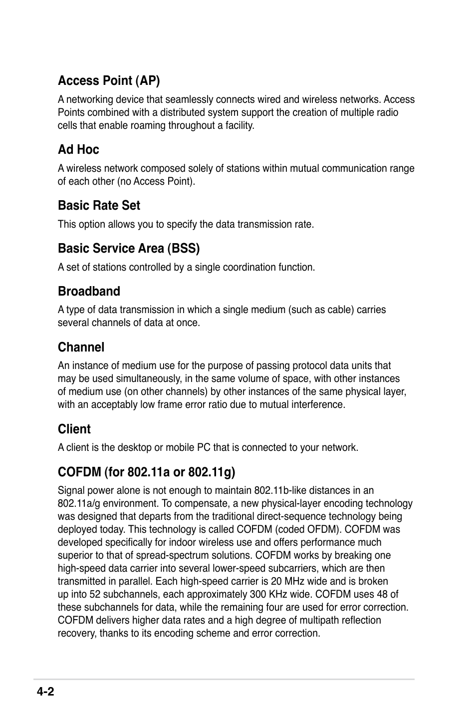 Access point (ap), Ad hoc, Basic rate set | Basic service area (bss), Broadband, Channel, Client | Asus II E2949 User Manual | Page 36 / 50