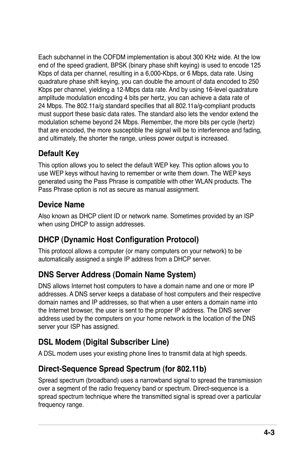 Default key, Device name, Dhcp (dynamic host configuration protocol) | Dns server address (domain name system), Dsl modem (digital subscriber line) | Asus II E2949 User Manual | Page 37 / 50