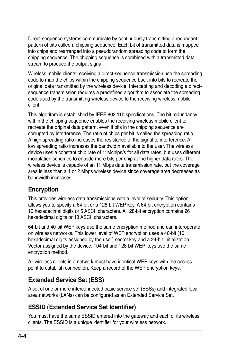 Encryption, Extended service set (ess), Essid (extended service set identifier) | Asus II E2949 User Manual | Page 38 / 50