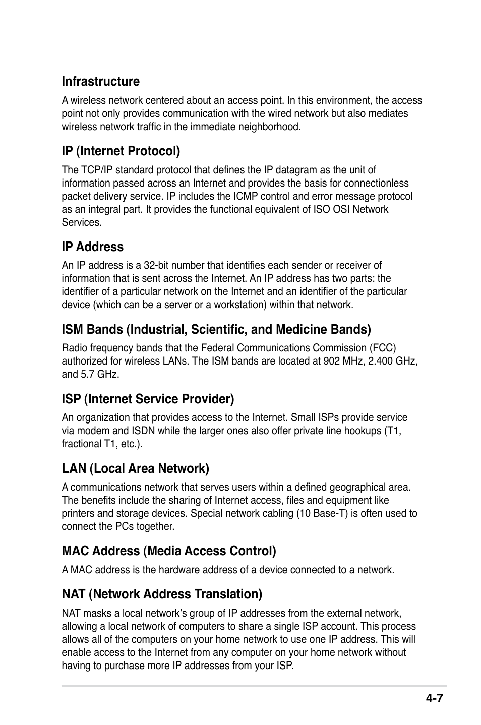 Infrastructure, Ip (internet protocol), Ip address | Isp (internet service provider), Lan (local area network), Mac address (media access control), Nat (network address translation) | Asus II E2949 User Manual | Page 41 / 50