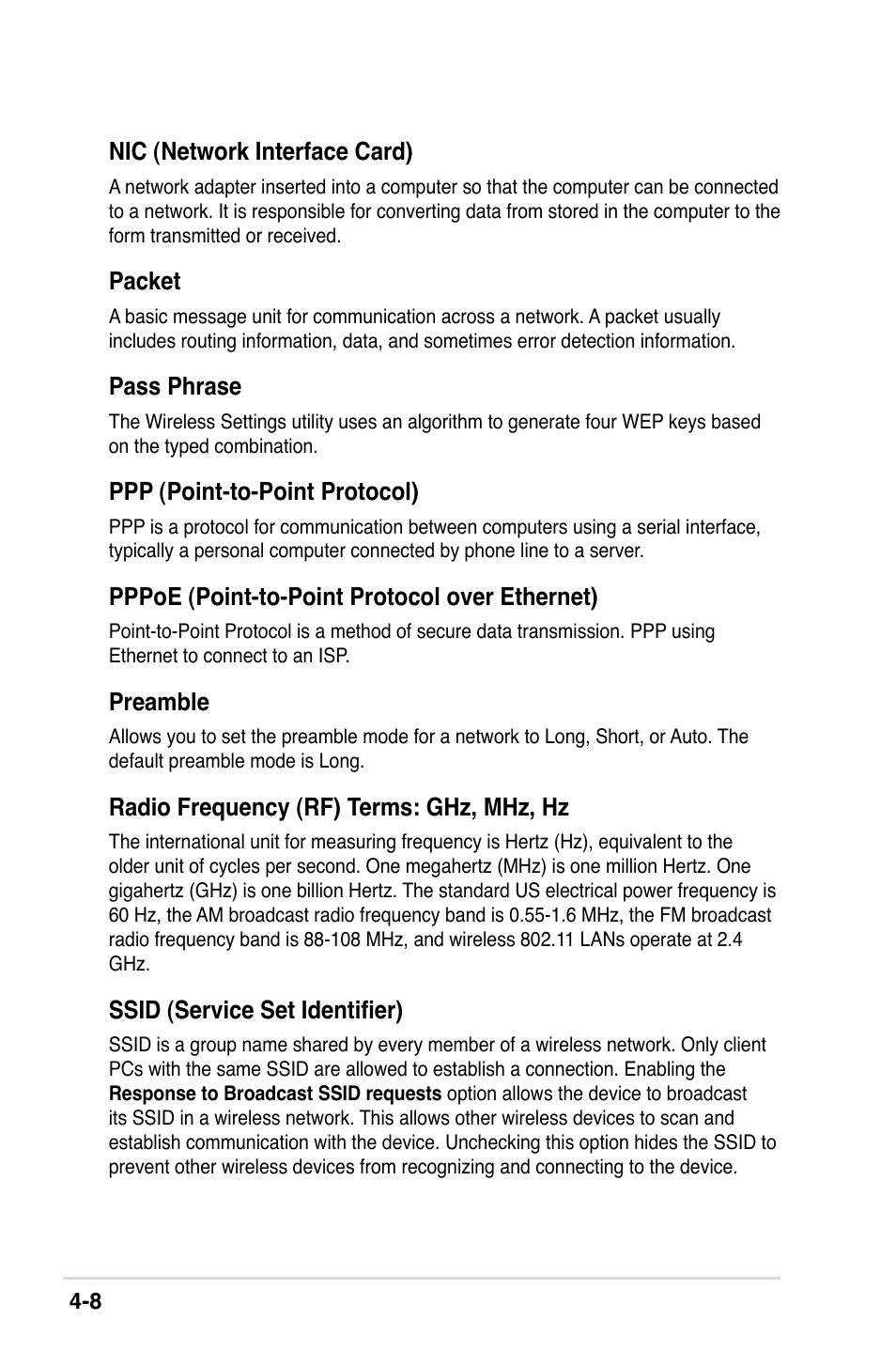 Nic (network interface card), Packet, Pass phrase | Ppp (point-to-point protocol), Pppoe (point-to-point protocol over ethernet), Preamble, Radio frequency (rf) terms: ghz, mhz, hz, Ssid (service set identifier) | Asus II E2949 User Manual | Page 42 / 50
