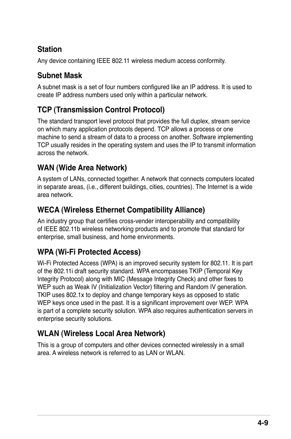 Station, Subnet mask, Tcp (transmission control protocol) | Wan (wide area network), Weca (wireless ethernet compatibility alliance), Wpa (wi-fi protected access), Wlan (wireless local area network) | Asus II E2949 User Manual | Page 43 / 50