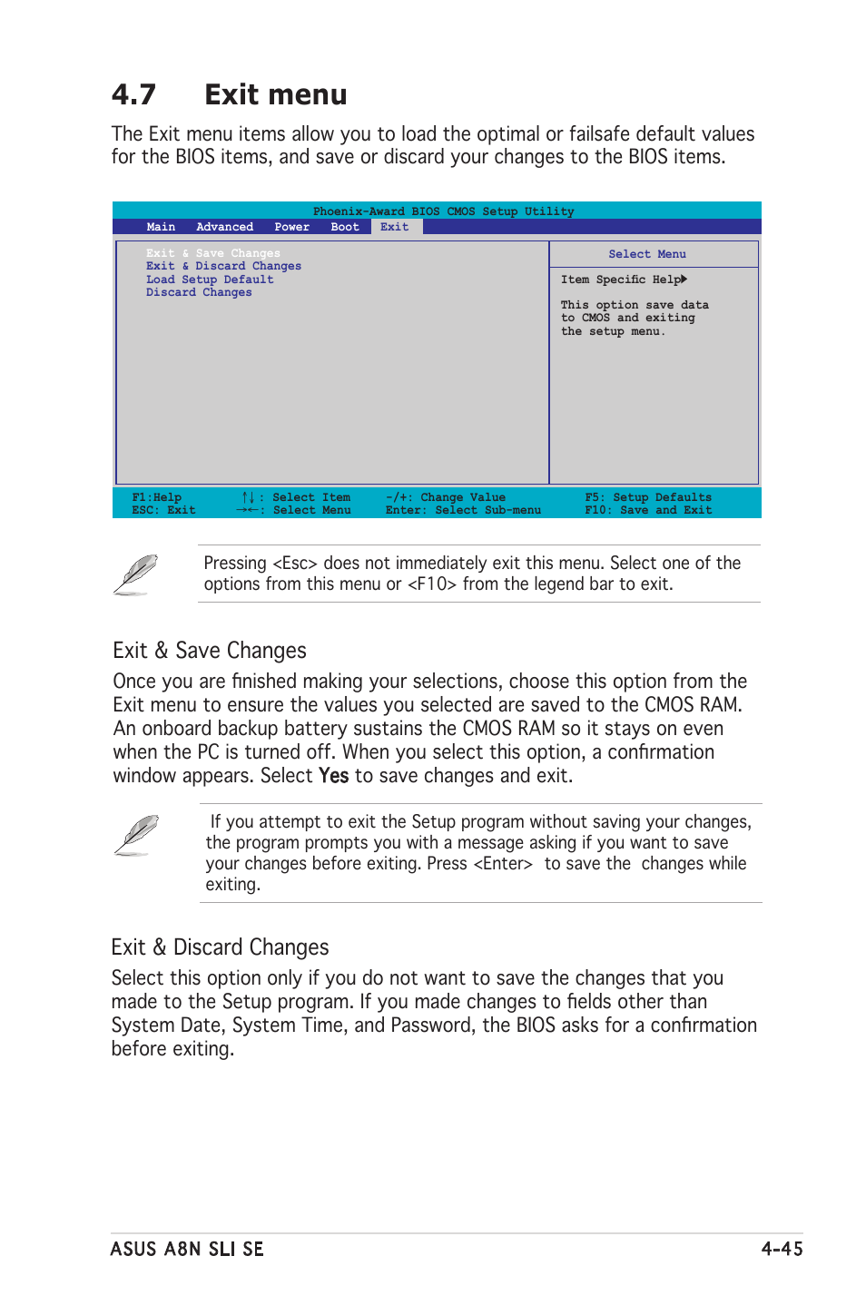 7 exit menu, Exit & save changes, Exit & discard changes | Asus Motherboard A8N-SLI SE User Manual | Page 103 / 152