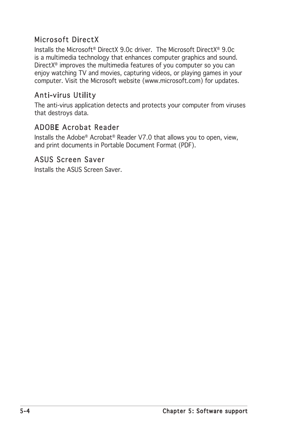 Microsoft directx, Anti-virus utility, Adobe acrobat reader | Asus screen saver | Asus Motherboard A8N-SLI SE User Manual | Page 110 / 152