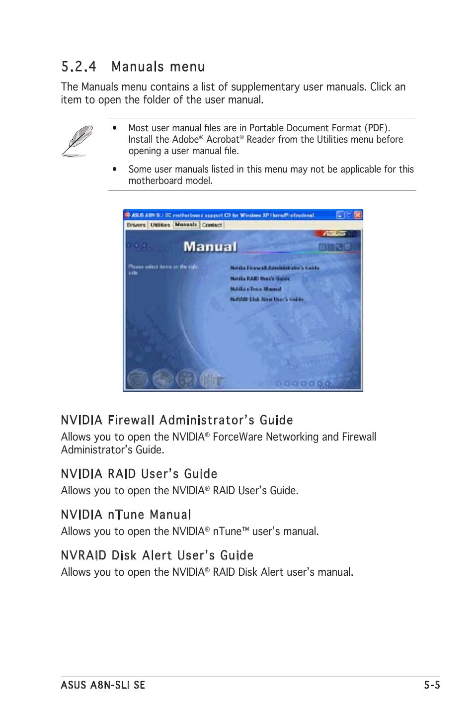 4 manuals menu, Nvidia firewall administratorʼs guide, Nvidia raid userʼs guide | Nvidia ntune manual, Nvraid disk alert userʼs guide | Asus Motherboard A8N-SLI SE User Manual | Page 111 / 152