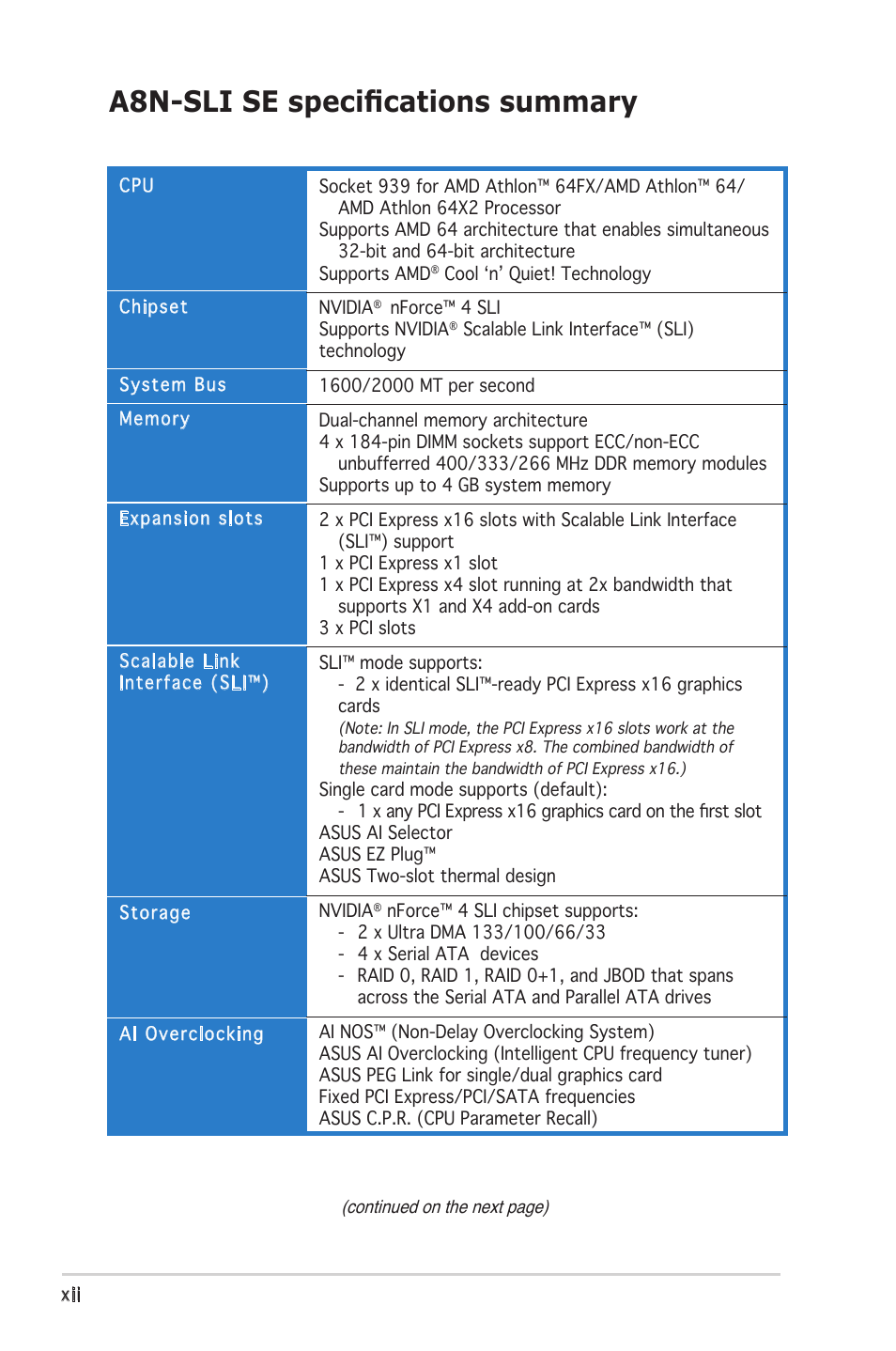 A8n-sli se speciﬁcations summary | Asus Motherboard A8N-SLI SE User Manual | Page 12 / 152