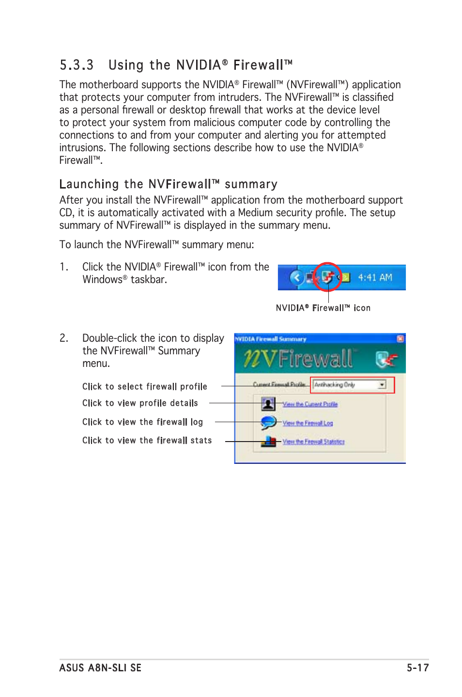 3 using the nvidia, Firewall, Launching the nvfirewall™ summary | Asus Motherboard A8N-SLI SE User Manual | Page 123 / 152