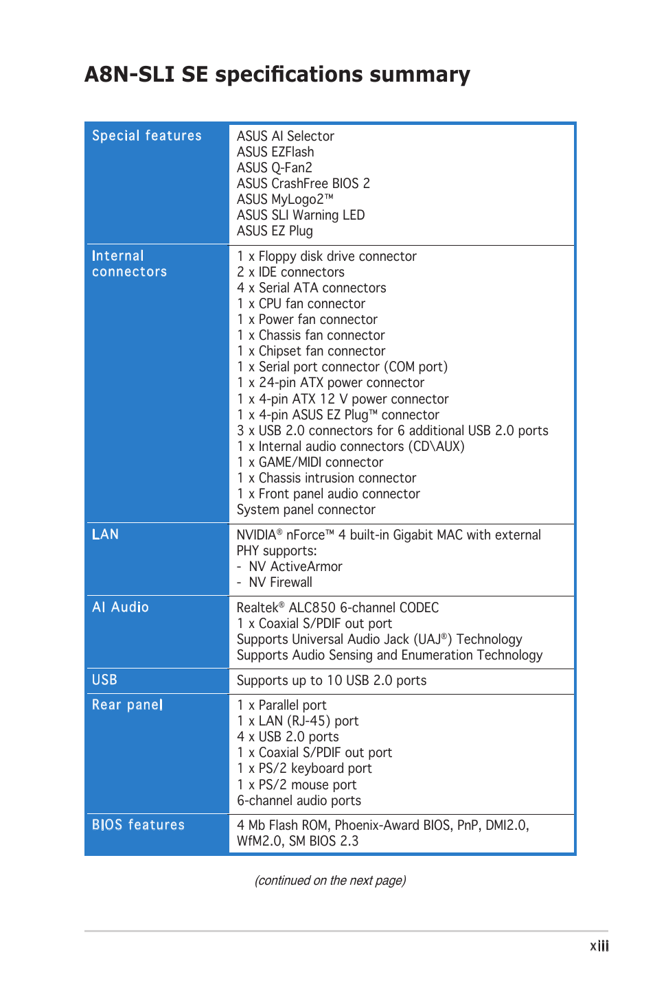 A8n-sli se speciﬁcations summary | Asus Motherboard A8N-SLI SE User Manual | Page 13 / 152