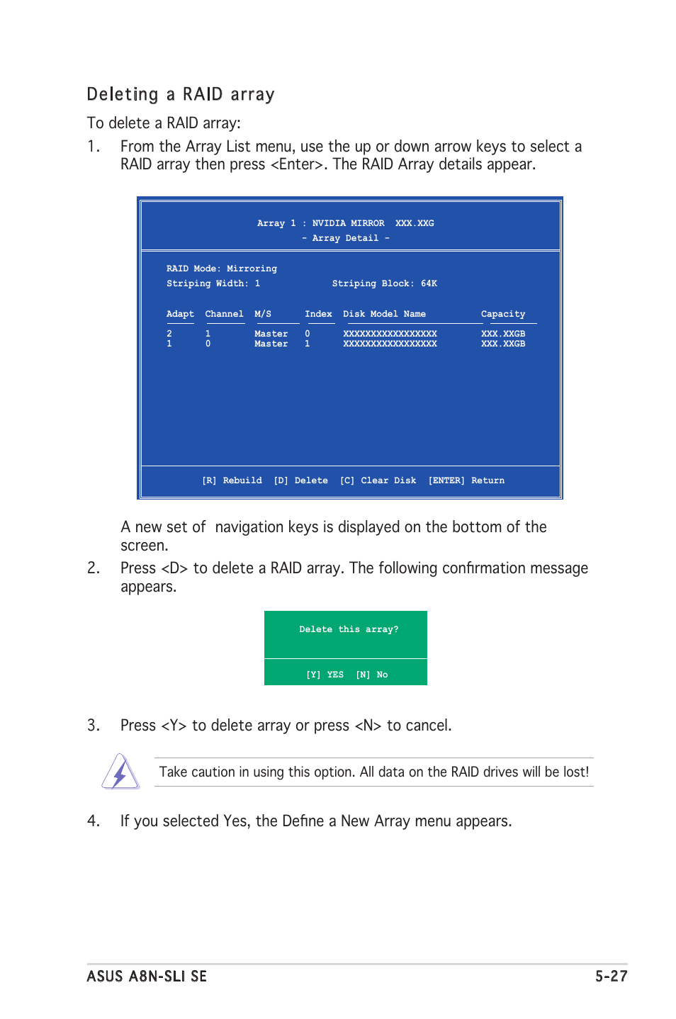 Deleting a raid array | Asus Motherboard A8N-SLI SE User Manual | Page 133 / 152