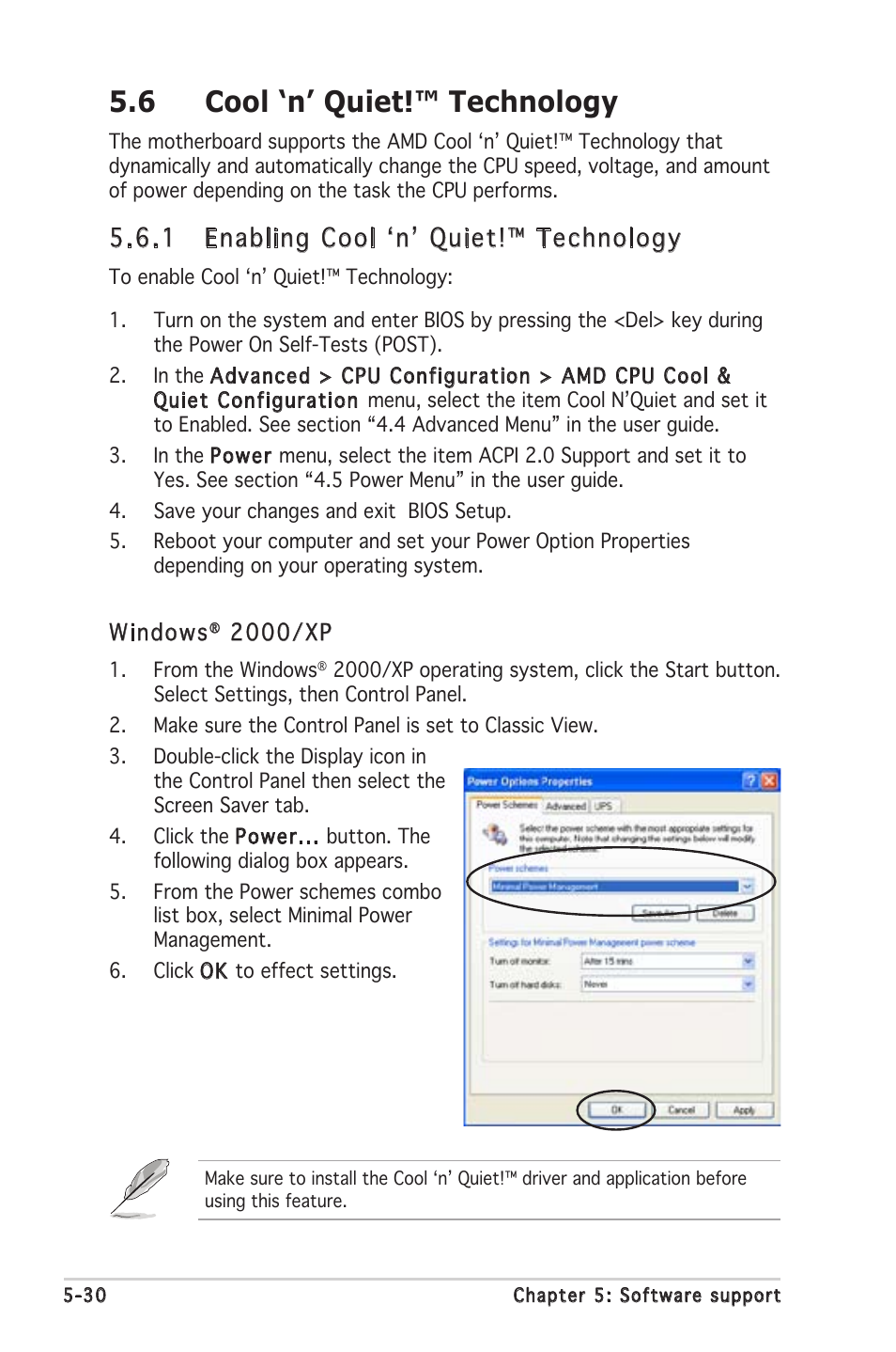 6 cool ‘n’ quiet!™ technology, 1 enabling cool ʻnʼ quiet!™ technology | Asus Motherboard A8N-SLI SE User Manual | Page 136 / 152