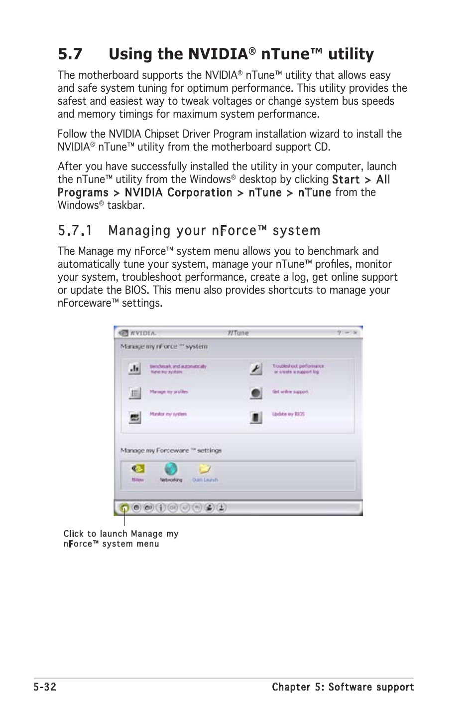 7 using the nvidia, Ntune™ utility, 1 managing your nforce™ system | Asus Motherboard A8N-SLI SE User Manual | Page 138 / 152