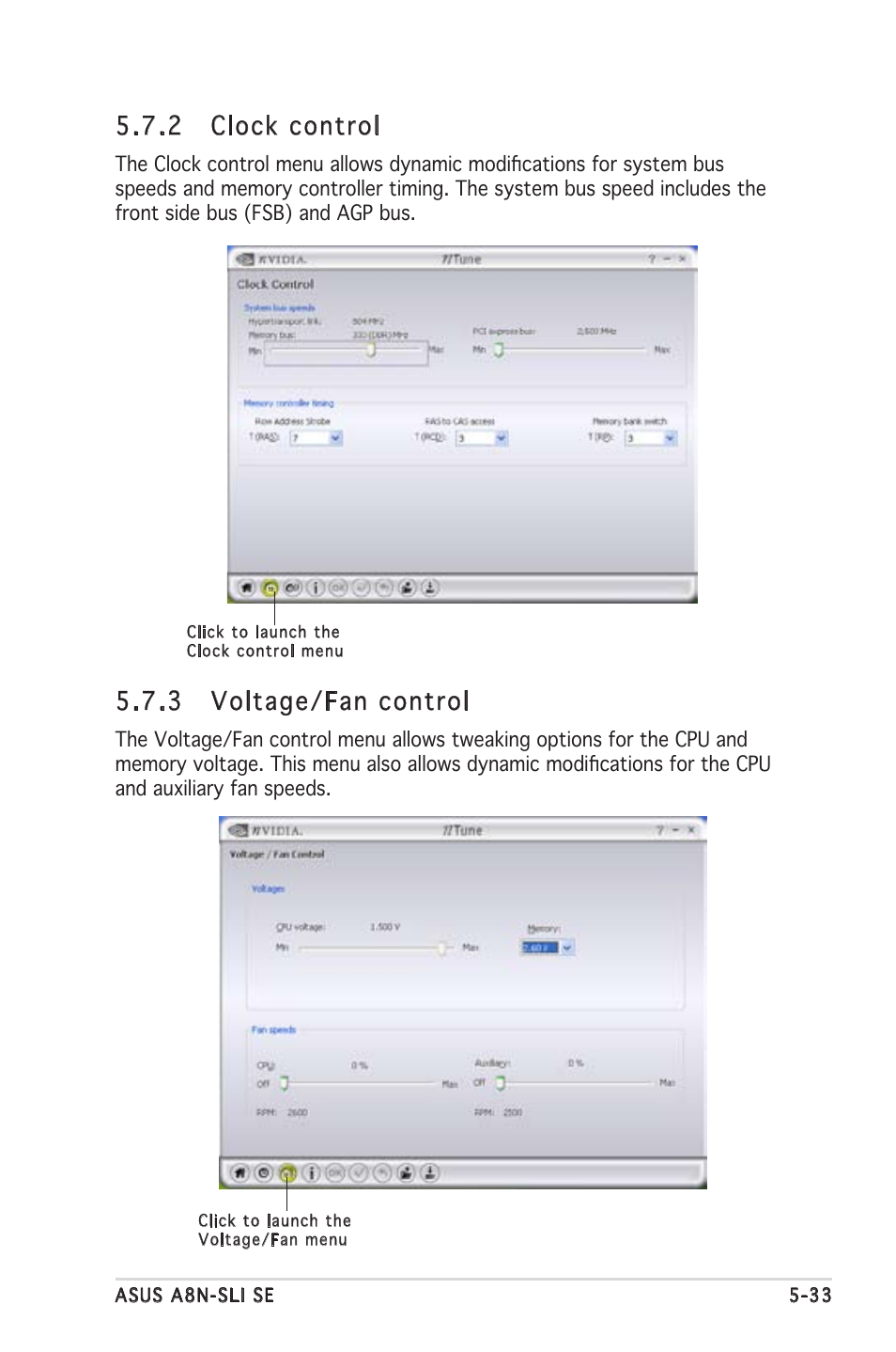 2 clock control, 3 voltage/fan control | Asus Motherboard A8N-SLI SE User Manual | Page 139 / 152