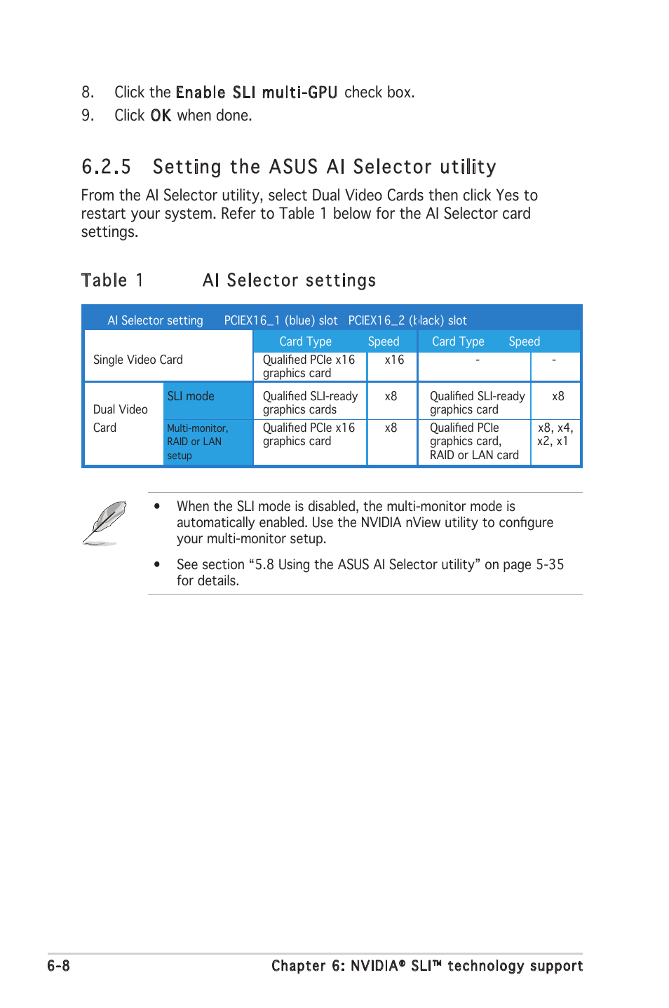 5 setting the asus ai selector utility, Table 1 ai selector settings | Asus Motherboard A8N-SLI SE User Manual | Page 152 / 152