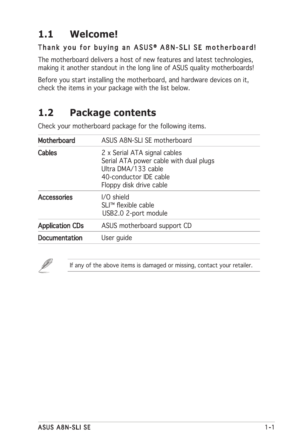 1 welcome, 2 package contents | Asus Motherboard A8N-SLI SE User Manual | Page 17 / 152