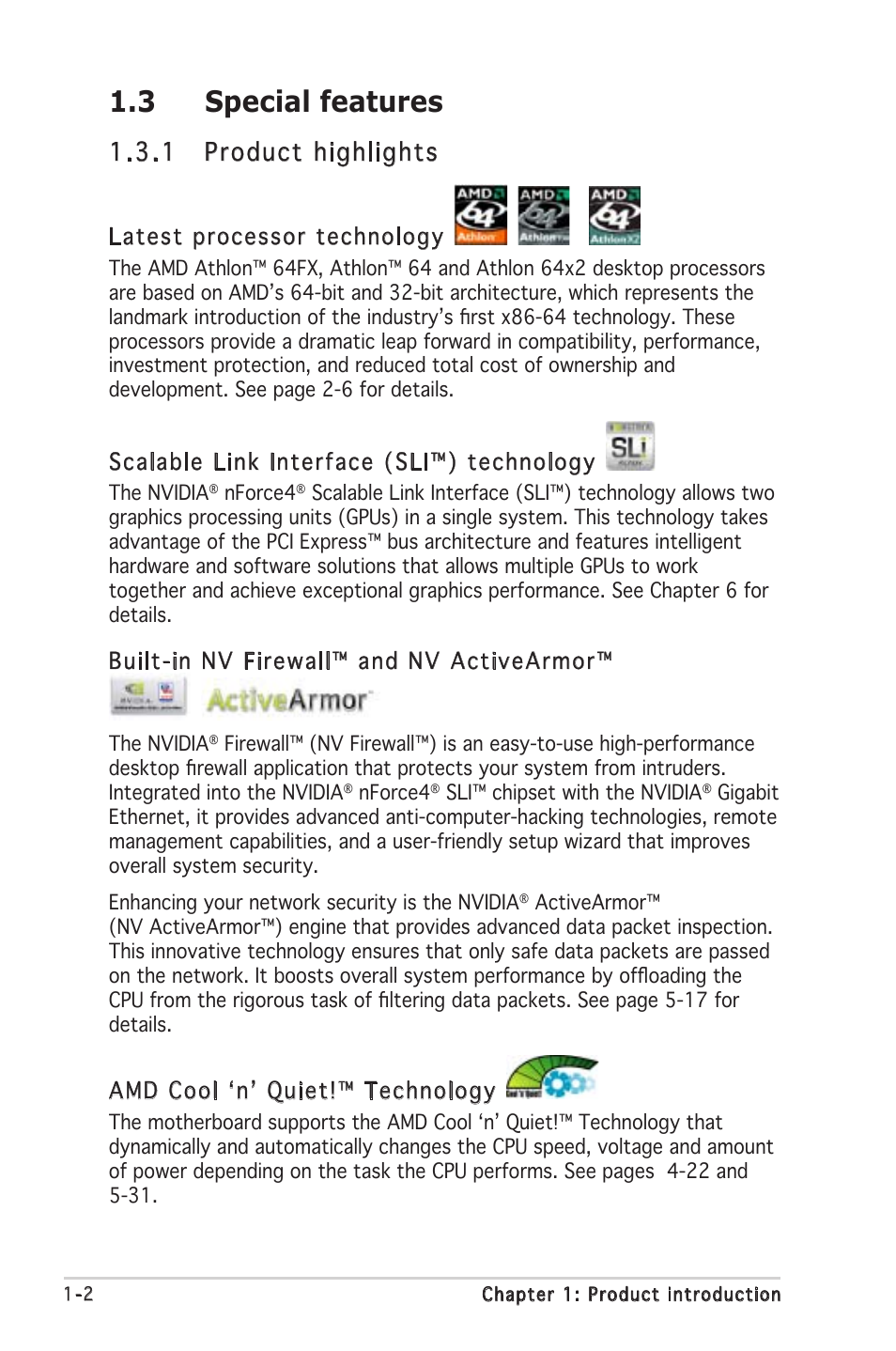 3 special features, 1 product highlights | Asus Motherboard A8N-SLI SE User Manual | Page 18 / 152