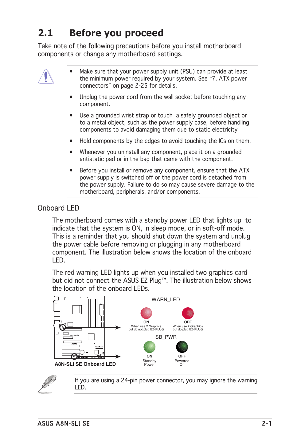 1 before you proceed, Onboard led | Asus Motherboard A8N-SLI SE User Manual | Page 25 / 152