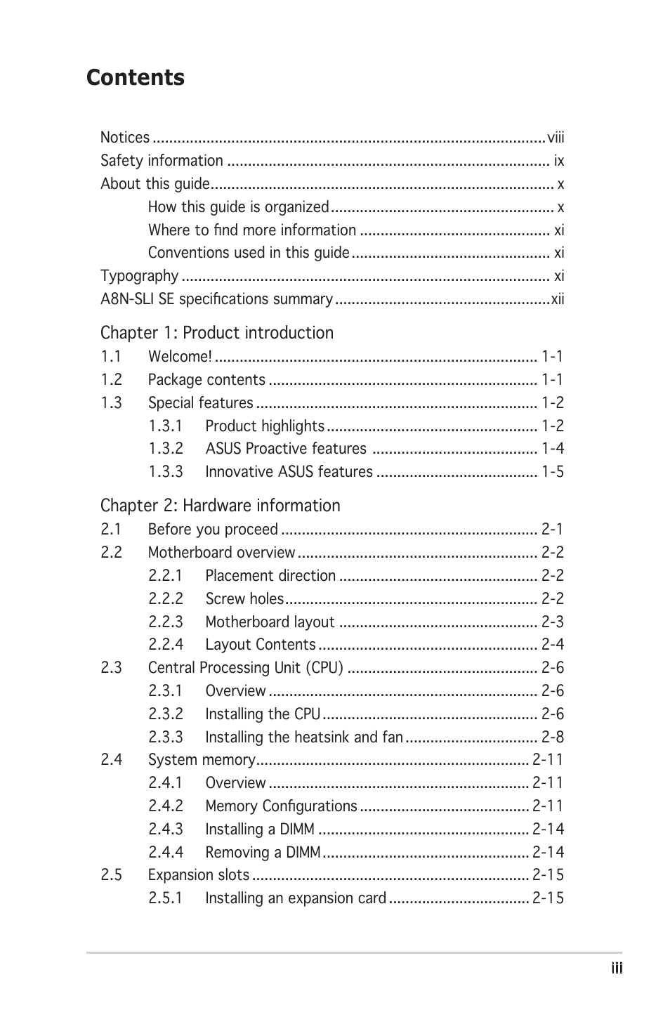 Asus Motherboard A8N-SLI SE User Manual | Page 3 / 152