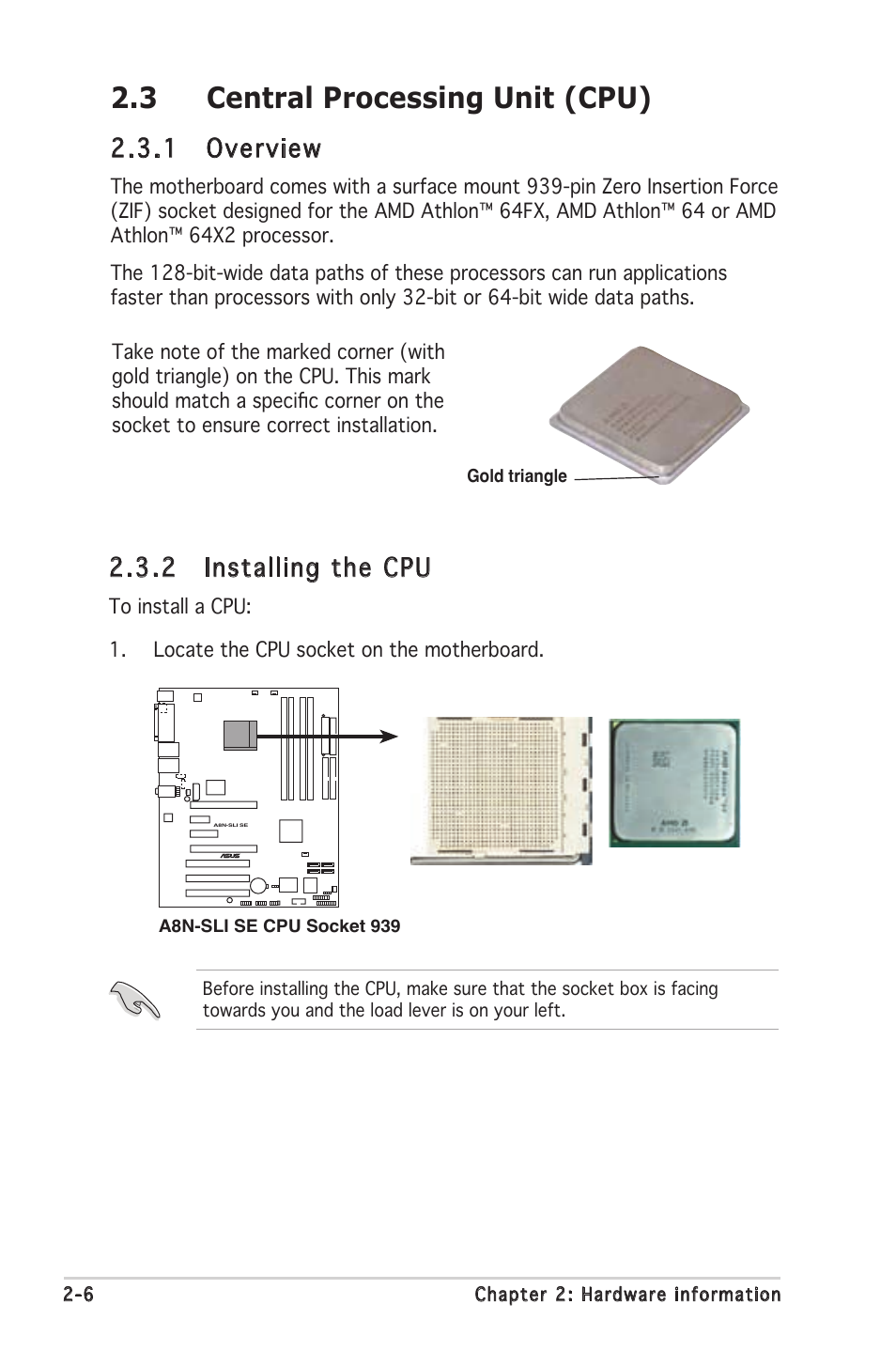 3 central processing unit (cpu), 2 installing the cpu, 1 overview | Asus Motherboard A8N-SLI SE User Manual | Page 30 / 152