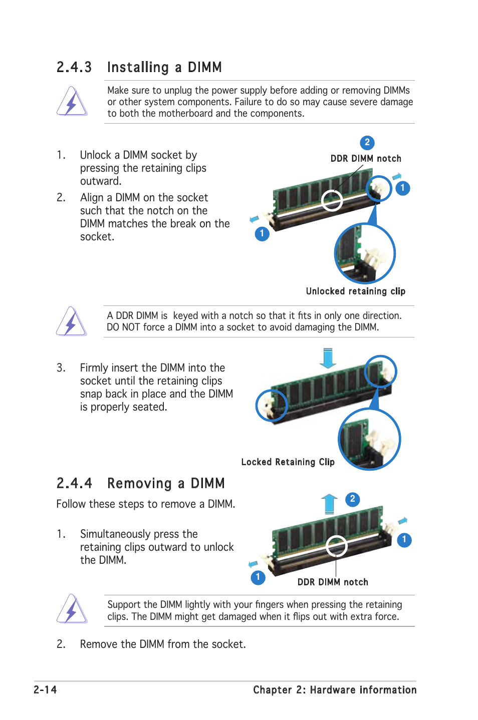 4 removing a dimm, 3 installing a dimm | Asus Motherboard A8N-SLI SE User Manual | Page 38 / 152