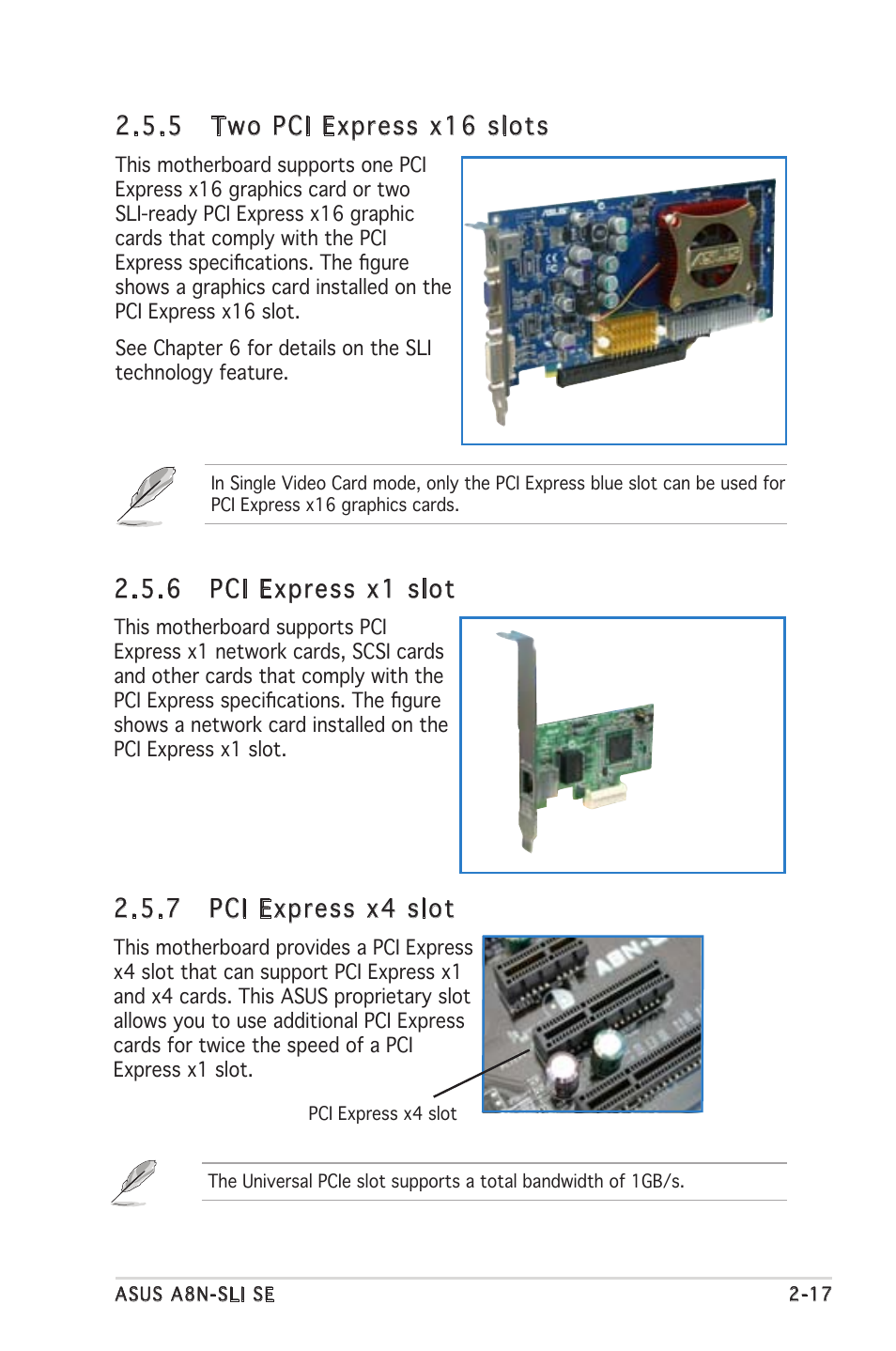 5 two pci express x16 slots, 6 pci express x1 slot, 7 pci express x4 slot | Asus Motherboard A8N-SLI SE User Manual | Page 41 / 152