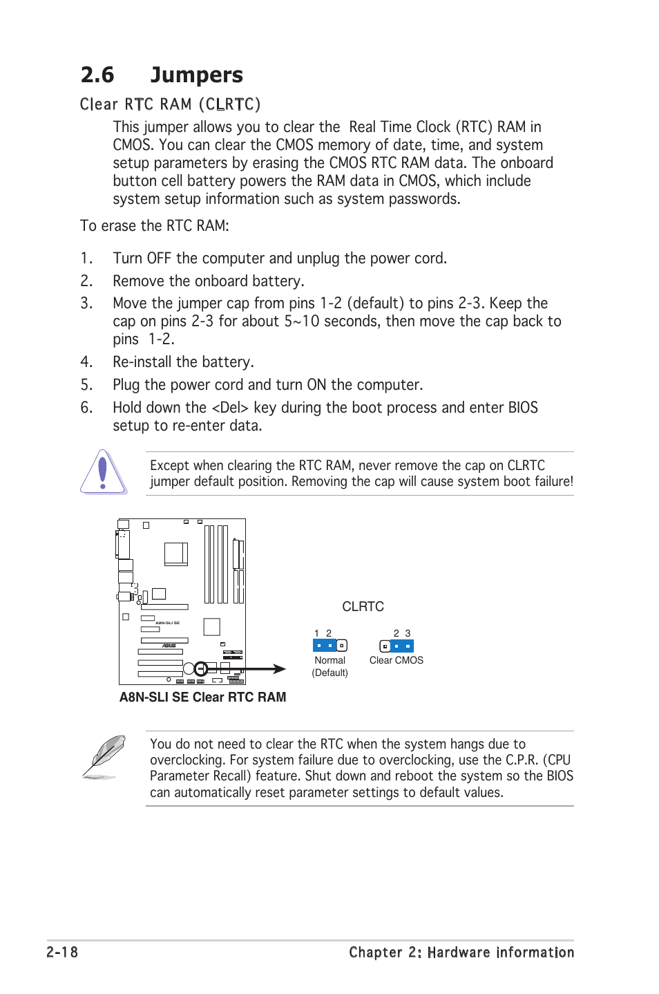 6 jumpers | Asus Motherboard A8N-SLI SE User Manual | Page 42 / 152