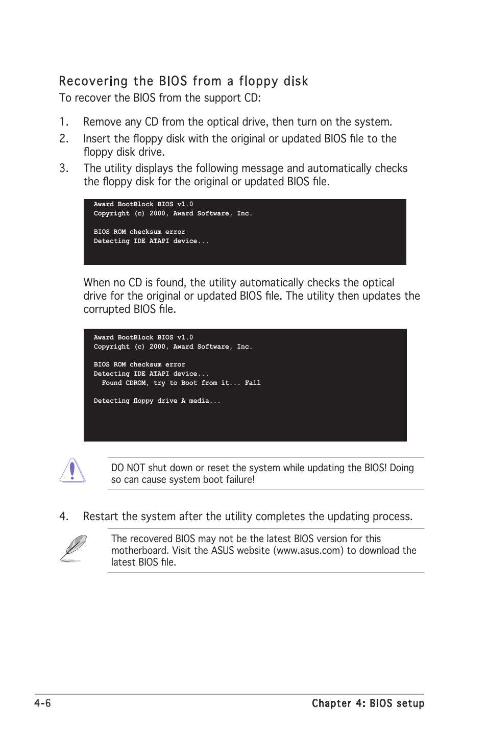 Recovering the bios from a floppy disk | Asus Motherboard A8N-SLI SE User Manual | Page 64 / 152