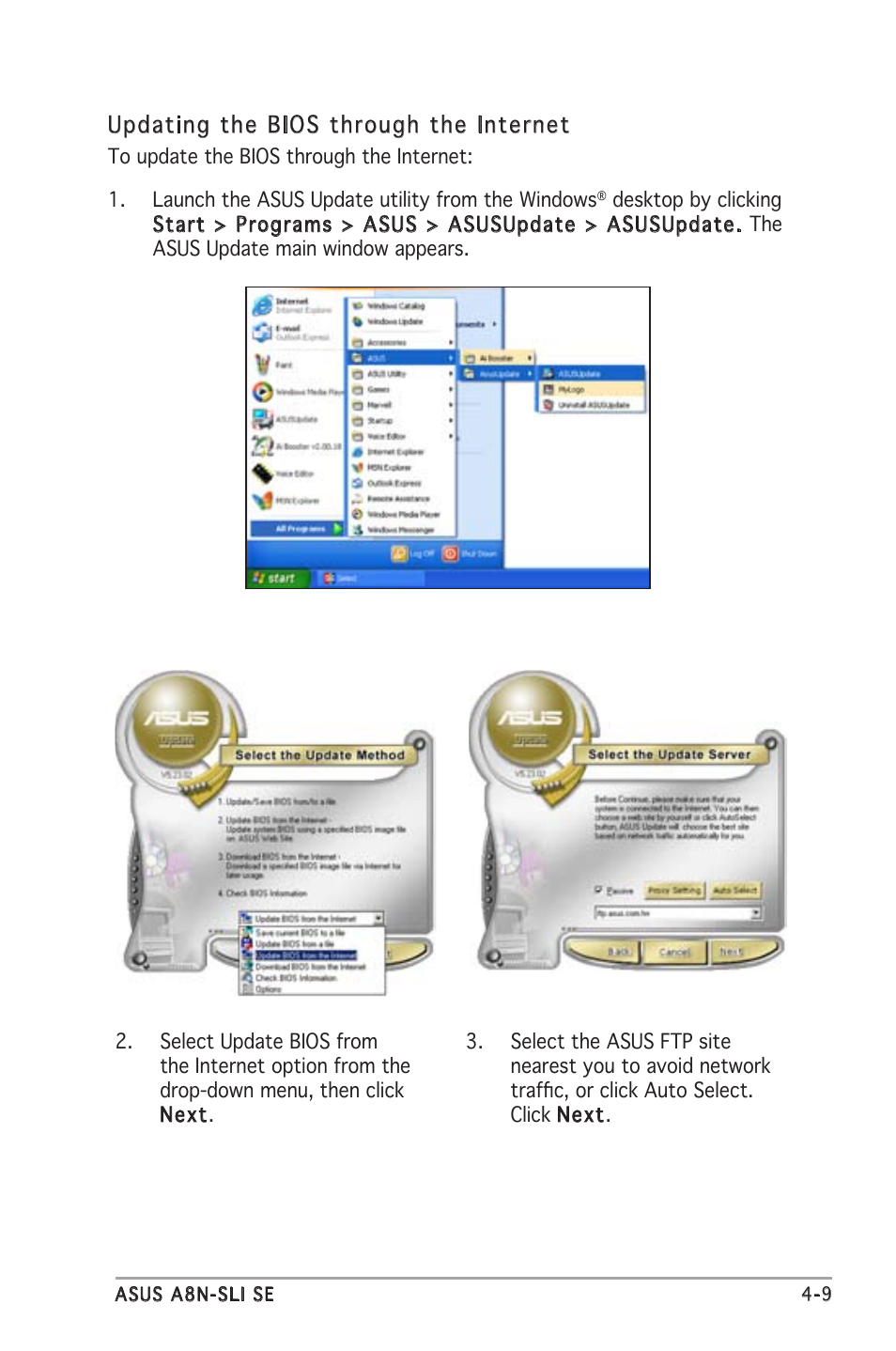 Updating the bios through the internet | Asus Motherboard A8N-SLI SE User Manual | Page 67 / 152