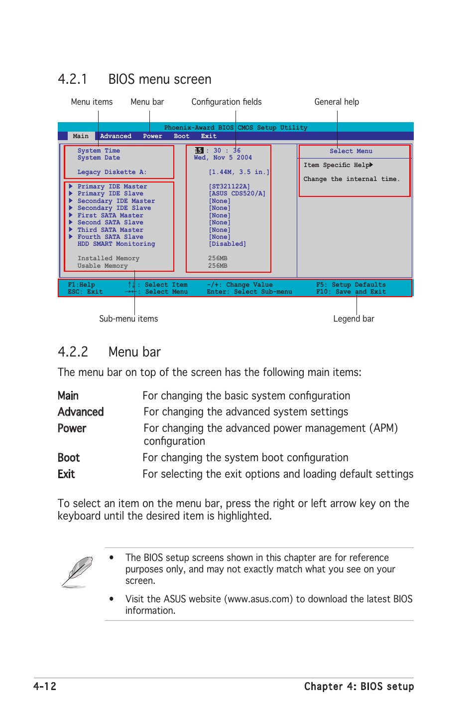 2 menu bar, 1 bios menu screen | Asus Motherboard A8N-SLI SE User Manual | Page 70 / 152