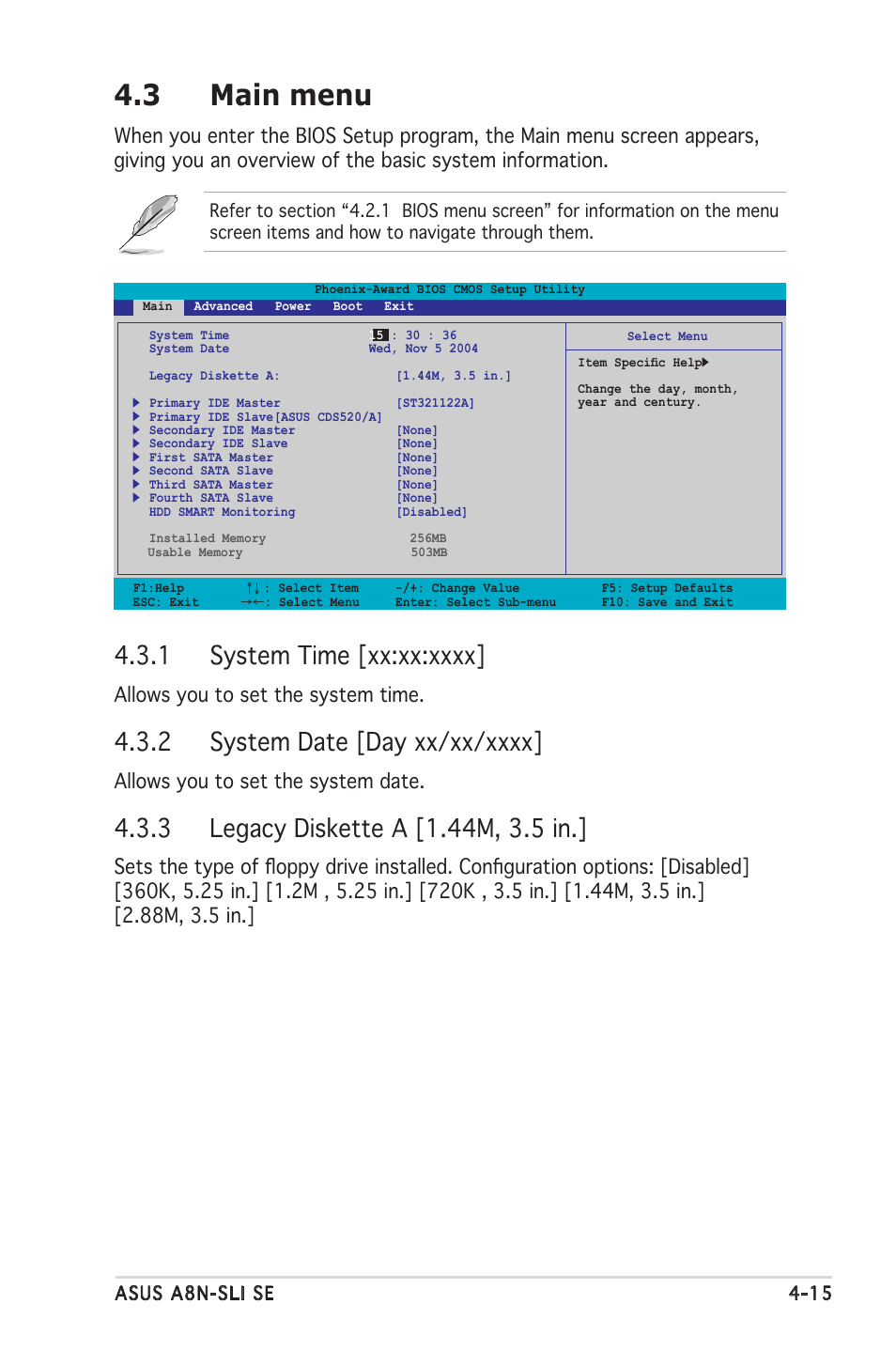 3 main menu, Allows you to set the system time, Allows you to set the system date | Asus Motherboard A8N-SLI SE User Manual | Page 73 / 152