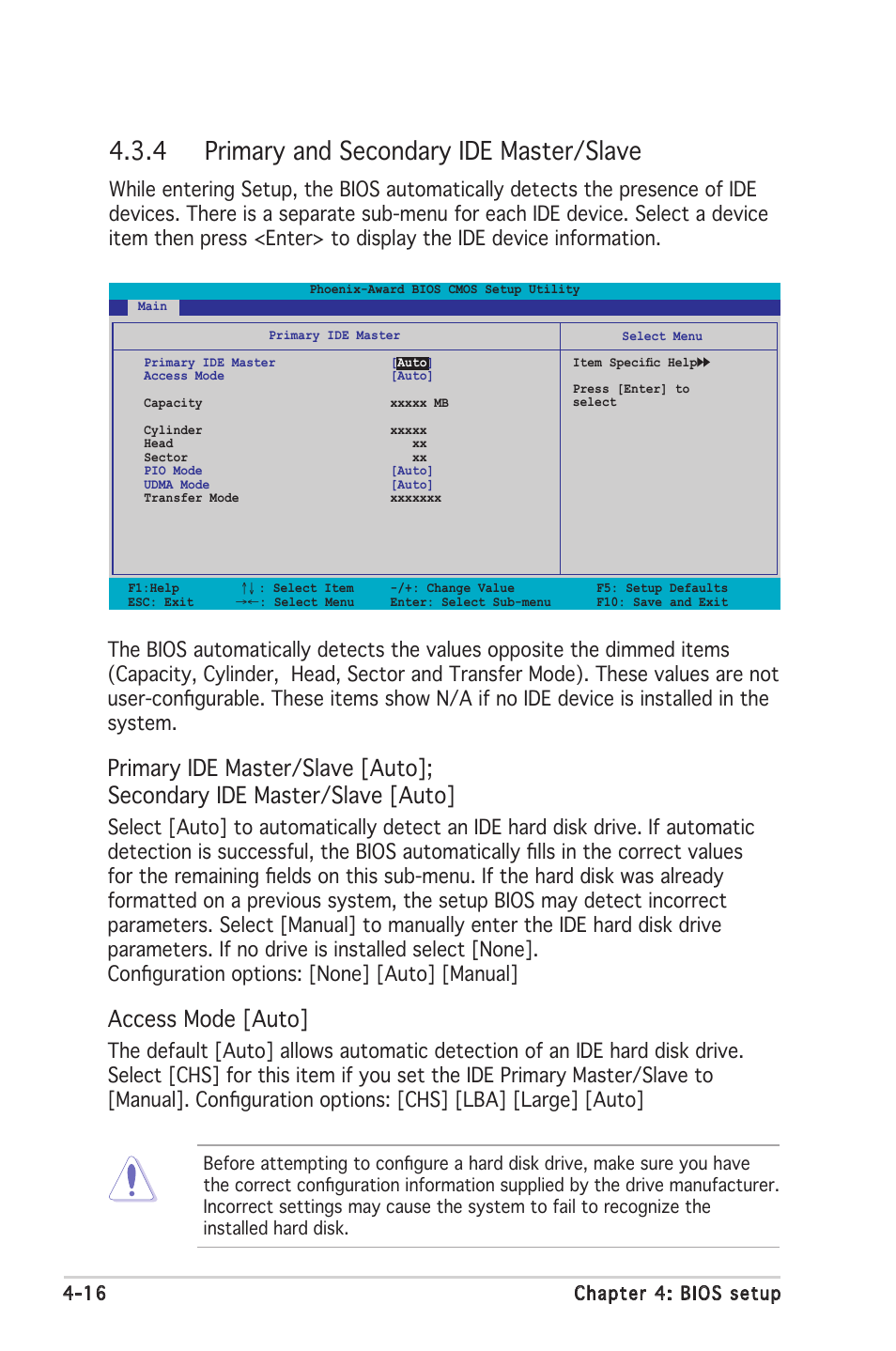 4 primary and secondary ide master/slave, Access mode [auto | Asus Motherboard A8N-SLI SE User Manual | Page 74 / 152