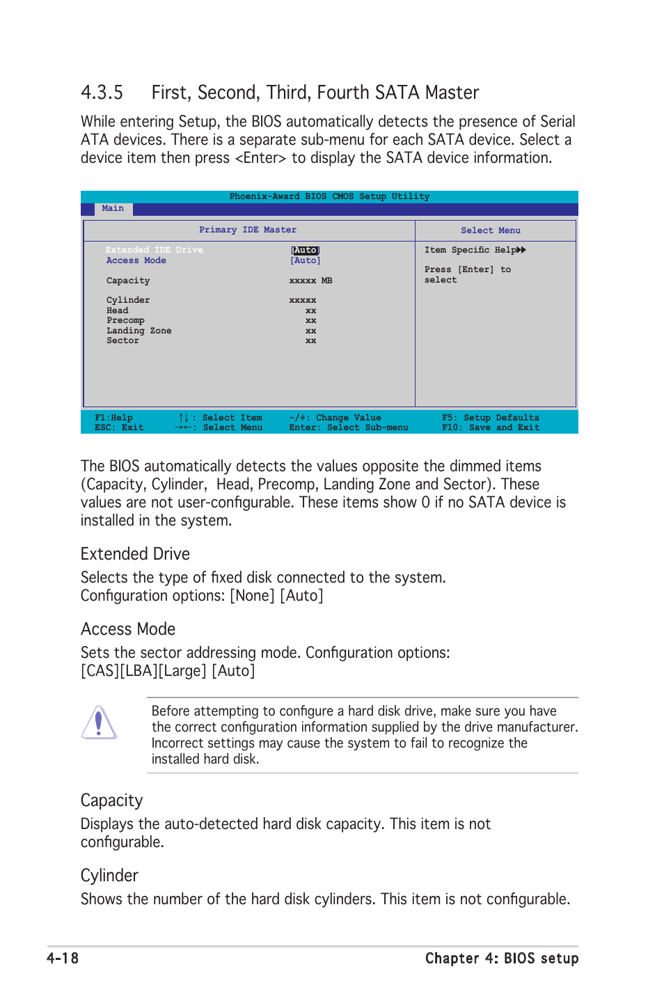 5 first, second, third, fourth sata master, Extended drive, Access mode | Capacity, Cylinder | Asus Motherboard A8N-SLI SE User Manual | Page 76 / 152