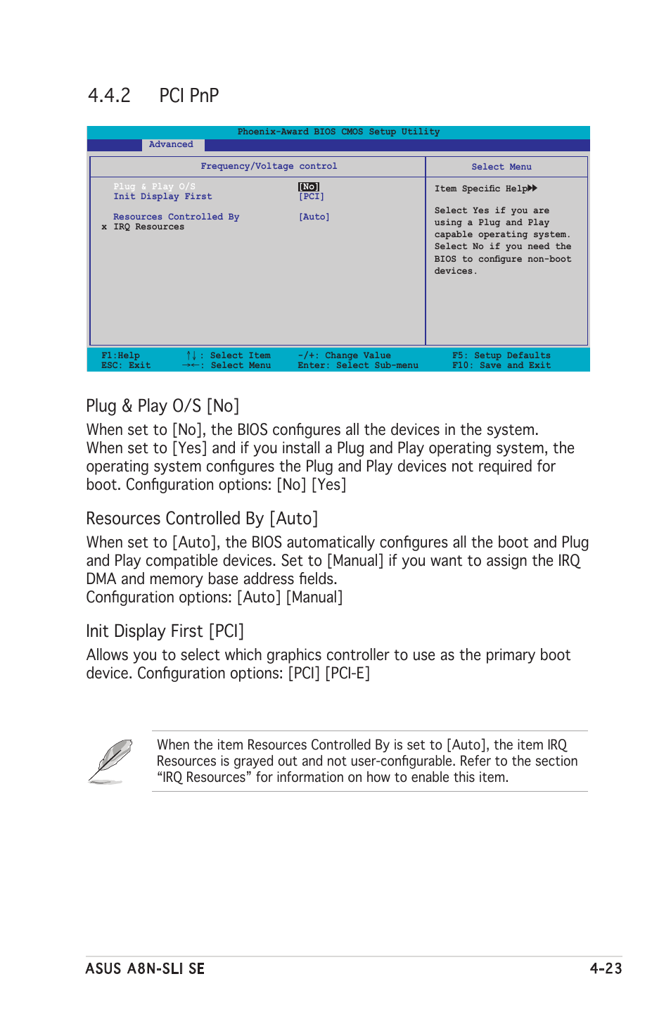 2 pci pnp, Plug & play o/s [no, Resources controlled by [auto | Init display first [pci | Asus Motherboard A8N-SLI SE User Manual | Page 81 / 152