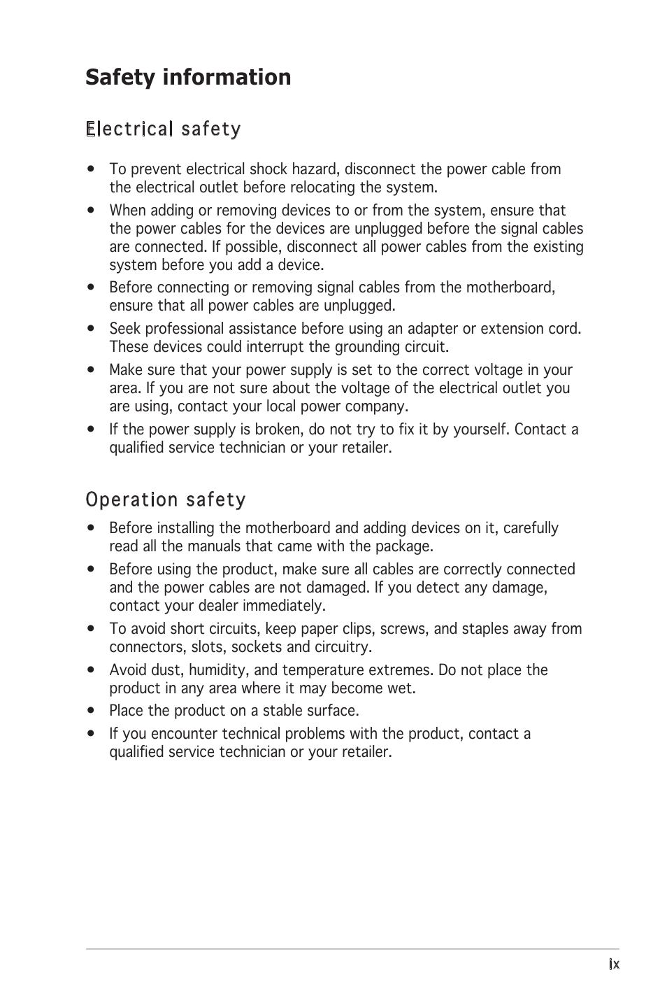 Safety information, Electrical safety, Operation safety | Asus Motherboard A8N-SLI SE User Manual | Page 9 / 152